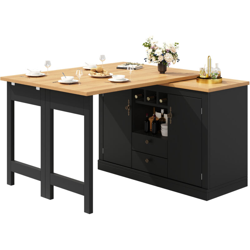 Meuble de bar de cuisine extensible -180x79.5x71.5cm - rotation à 360°- grande table - 2 tiroirs et 2 portes - 3 casiers à vin - Noir