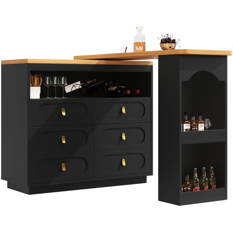 Meuble de bar de cuisine extensible - rotation à 360°- 203x39x90cm - 6 tiroirs - avec étagères latérales - Noir