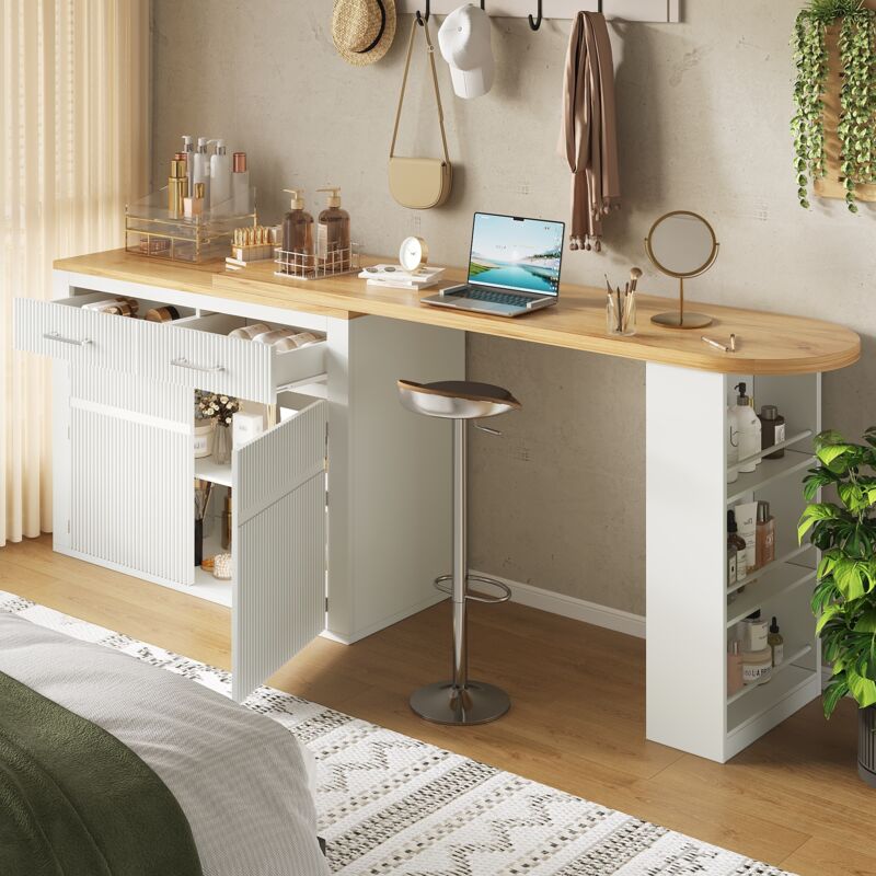 Meuble de bar de cuisine extensible - rotation à 360° - 215x39x103cm - 2 portes et 1 tiroir - table bistro - avec étagères latérales - Blanc