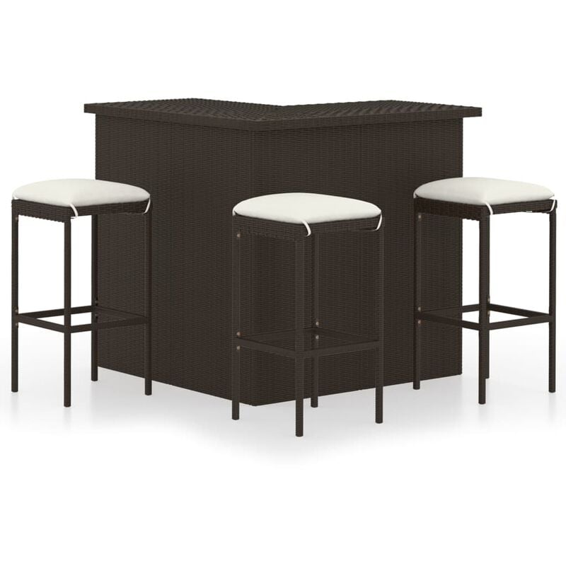 Meuble de bar de jardin 4 pcs et coussins Résine tressée Marron