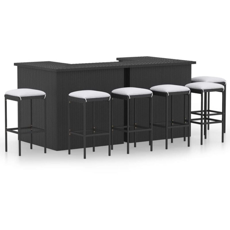 Meuble de bar de jardin 8 pcs avec coussins Résine tressée Noir