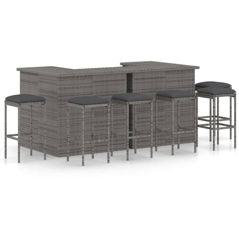 Meuble de bar de jardin 8 pcs avec coussins Résine tressée Gris
