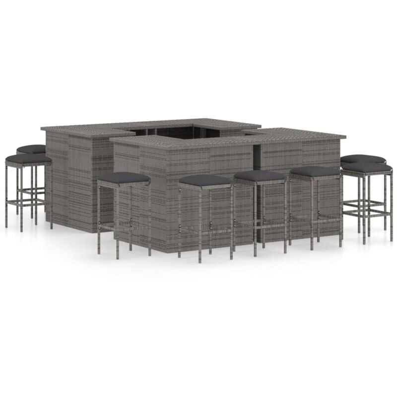 Meuble de bar de jardin 16 pcs et coussins Résine tressée Gris