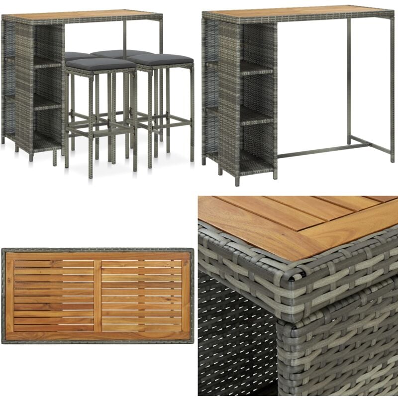 Ensemble de bar de jardin 5 pcs et coussins Résine tressée Gris - Ensemble Salon De Jardin - Mobilier De Jardin - Set De Bar Extérieur - Table Et