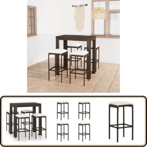 Meuble de bar de jardin 5 pcs et coussins Résine tressée Marron - Ensemble Salon De Jardin - Mobilier De Jardin - Set De Bar Extérieur - Table De Bar - Chaises De Bar