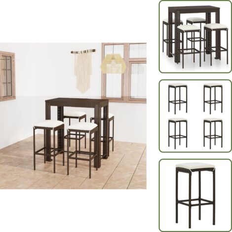 Meuble de bar de jardin 5 pcs et coussins Résine tressée Marron - Ensemble Salon De Jardin - Mobilier De Jardin - Set De Bar Extérieur - Table De Bar - Chaises De Bar
