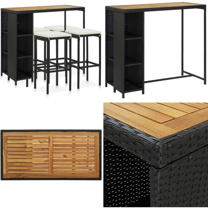 Ensemble de bar de jardin 5 pcs et coussins Résine tressée Noir - Salon De Jardin - Mobilier De Jardin - Set De Salon De Jardin - Table De Bar