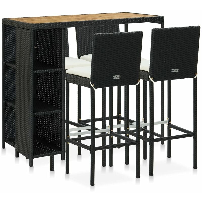 Meuble de bar de jardin 5 pcs et coussins Résine tressée Noir
