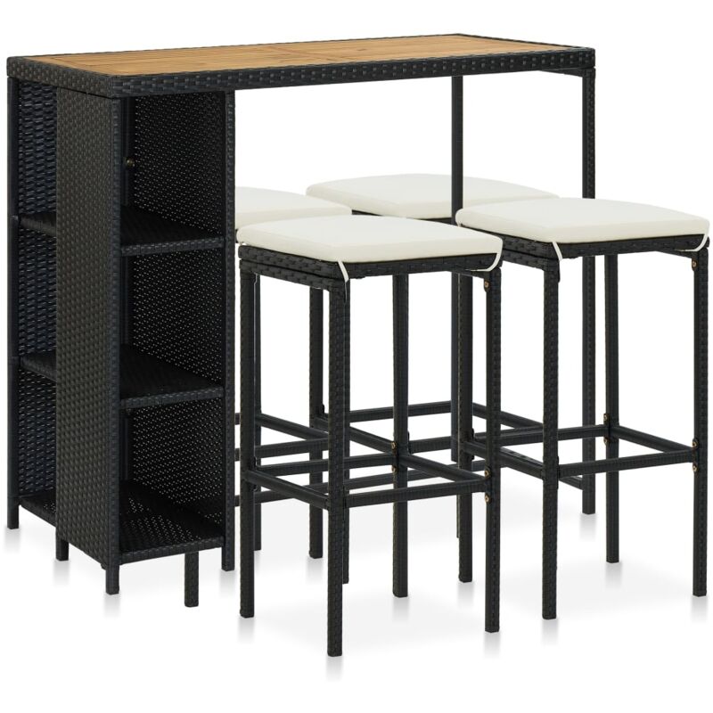 Meuble de bar de jardin 5 pcs et coussins Résine tressée Noir