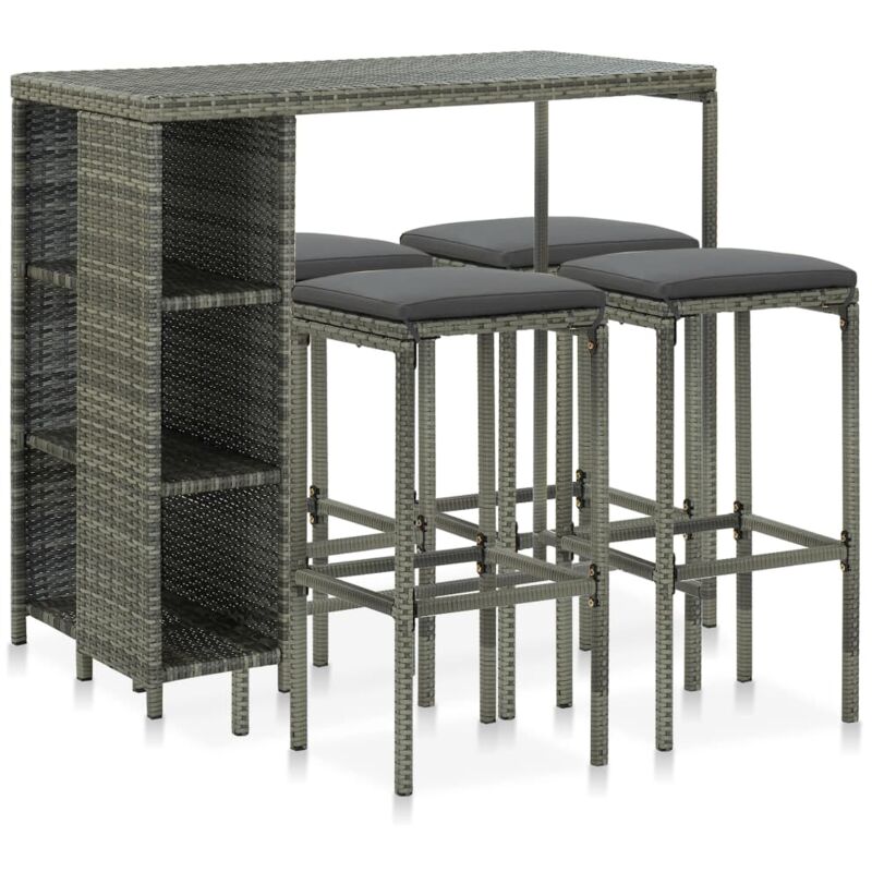 Meuble de bar de jardin 5 pcs et coussins Résine tressée Gris
