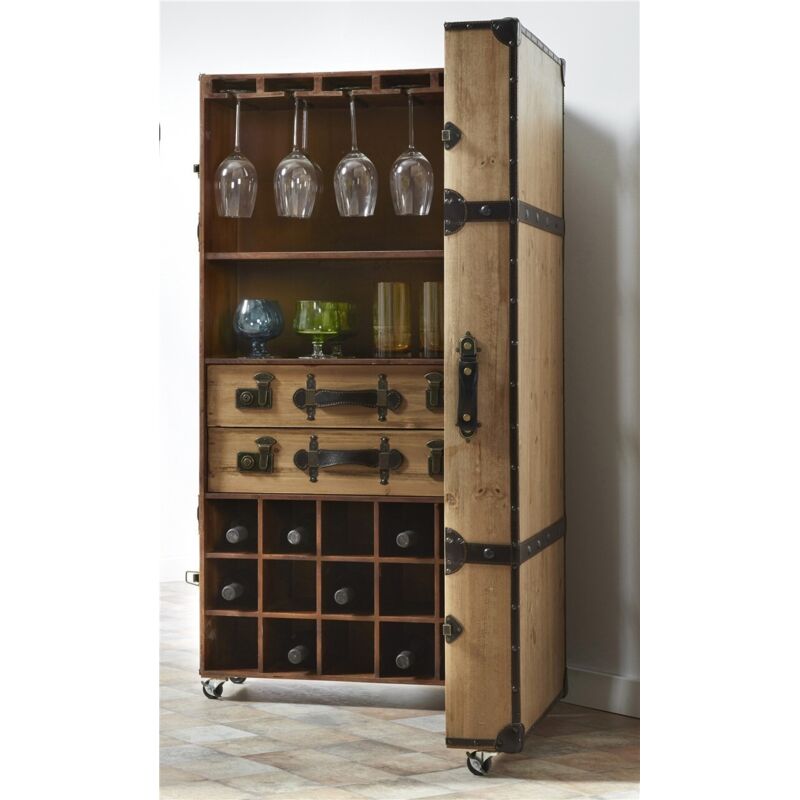 Fijalo – Meuble bar en bois naturel 60 x 40 x 125 cm – MDF et bois de sapin – Style élégant pour intérieur moderne – Espace pour boissons et
