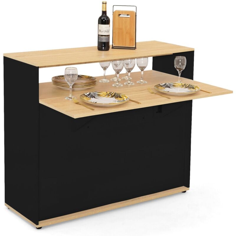 Meuble de bar extensible en table à manger 2 personnes vito noir et plateau bois