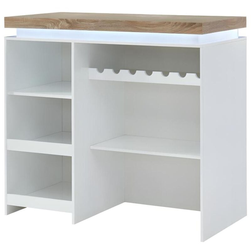 Vente-unique - Meuble de bar halo ii - mdf laqué blanc - LEDs - Blanc et Chêne
