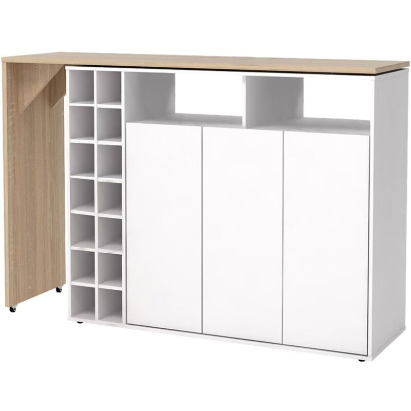 Vente-unique - Meuble de bar pivotant avec rangements - Blanc et Naturel - vinalo