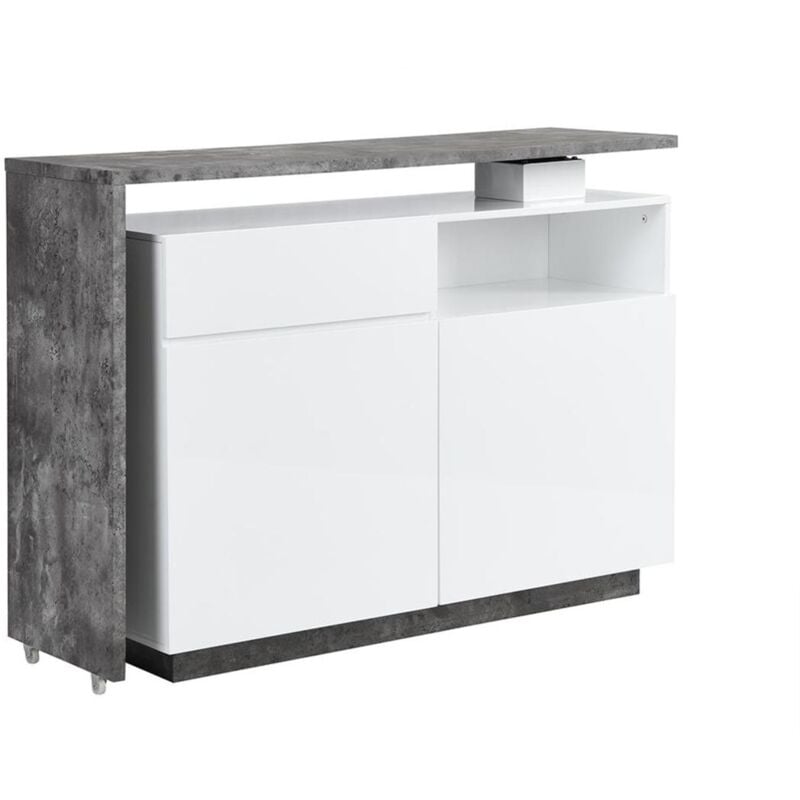 Meuble de bar pivotant avec 2 portes, 1 tiroir et 1 niche en MDF - Blanc laqué et Béton - ELDIR