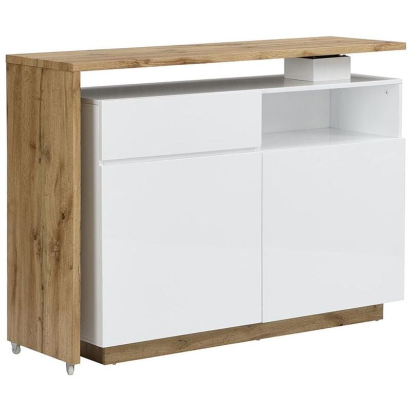 Vente-unique - Meuble de bar pivotant avec 2 portes, 1 tiroir et 1 niche en mdf - Blanc laqué et Naturel - eldir