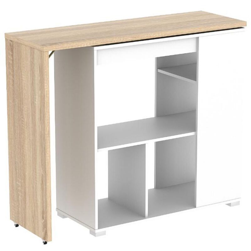 Vente-unique - Meuble de bar pivotant avec rangements - Naturel et blanc - saturne