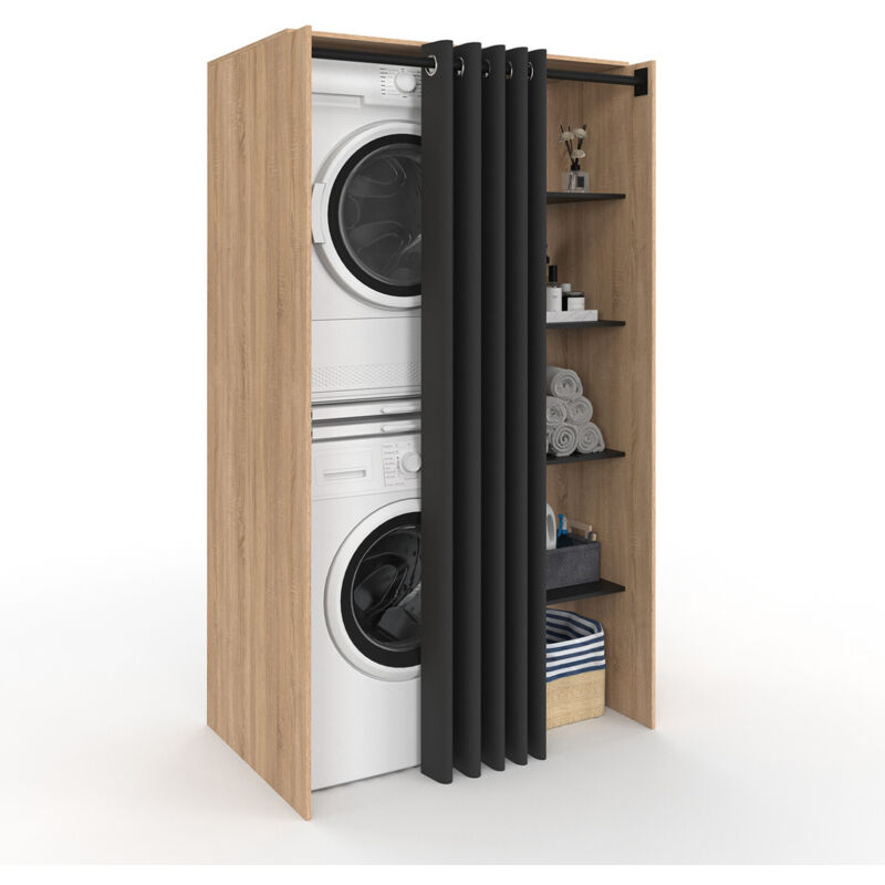 Meuble buanderie double machine à laver façon hêtre et noir avec rideau coulissant