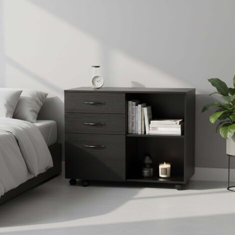 Meuble de bureau à roulettes avec 5 roulettes, 3 tiroirs et 2 compartiments ouverts, design industriel, pour documents, noir