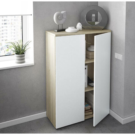Meuble de bureau avec deux portes battantes et trois étagères fixes, parfait pour une utilisation au bureau, couleur chêne et blanc mat, Dimensions 80 x 119 x 32,5 cm
