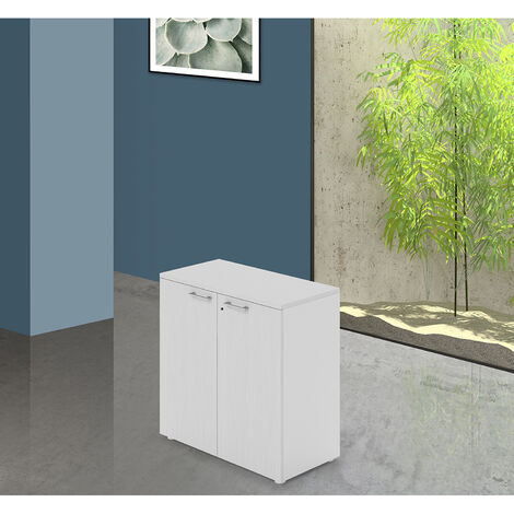 Meuble de bureau bas à deux portes avec serrure, couleur Blanc, H87x90x45cm