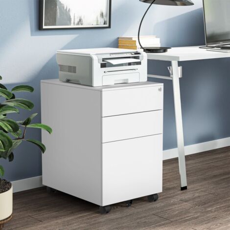 Meuble de bureau blanc avec roulettes et serrure Rolly