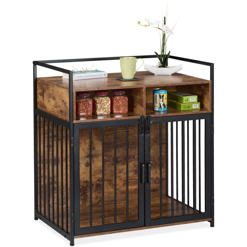 Relaxdays Meuble de cage pour chien, 2 portes verrouillables, surface de rangement, aspect bois, marron-noir