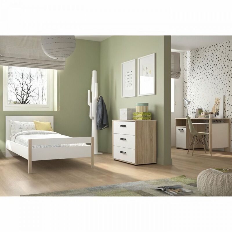 Gami - Meuble de chambre -Blanc - Camille - Lit 90x190 + Commode 3 tiroirs + Bureau 1 porte