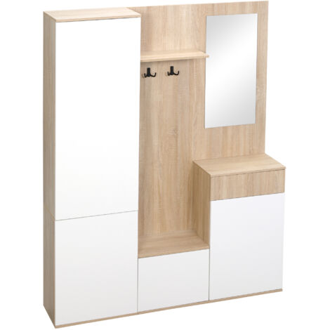 Meuble de couloir 4-en-1 avec miroir, crochets, étagères internes et tiroir, en bois polyvalent, 145x29x184 cm, bois naturel et blanc