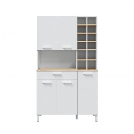 Meuble de cuisine 108x40x186 cm blanc mat et chêne canadien avec étagères porte-bouteilles – Mori