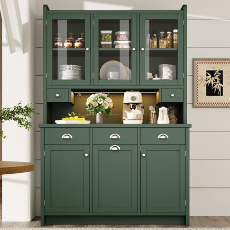 Meuble de cuisine 120 x 40 x 180 cm avec éclairage LED, 3 portes vitrées, grand espace de rangement, vert