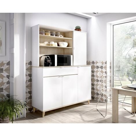 Meuble de cuisine 120x40x189 cm Anita Blanc mat et naturelle avec quatre portes et un tiroir Blanc et Naturel