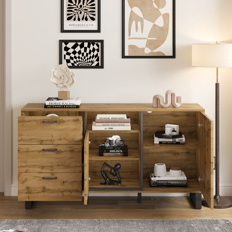 Meuble de cuisine 150x38x76,5 cm, 2 portes + 3 étagères + 3 tiroirs, buffet, commode, meuble de salon, couleur naturelle Hauss Spole