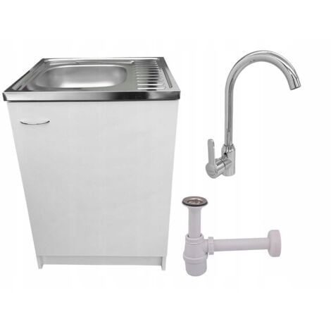 STAMAR Meuble de cuisine 60 cm - Blanc - Avec évier et robinet haut - Pratique et spacieux