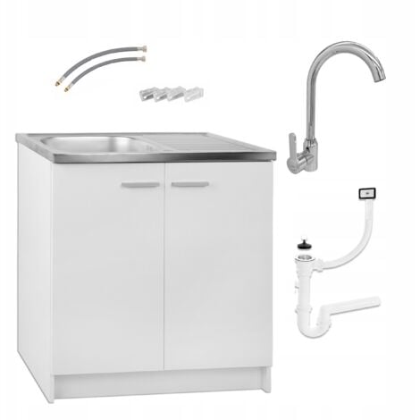 STAMAR Meuble de cuisine 80 cm - Blanc - Avec évier et robinet - Design élégant et pratique