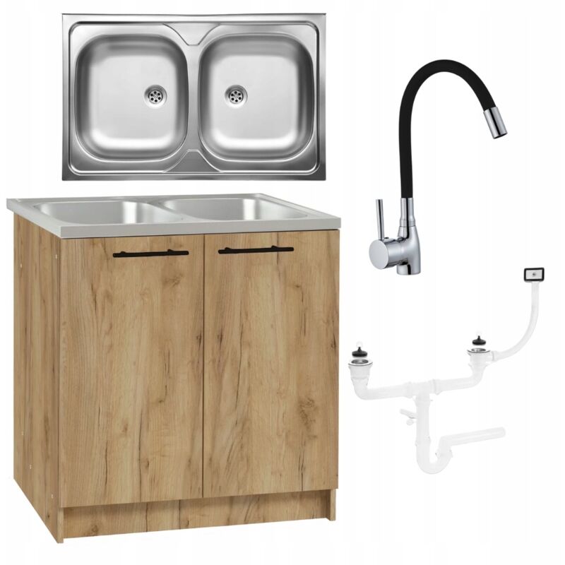 Stamar Küchenschrank 80 Cm - Eiche Gold - 2 Becken Spüle - Flexibler Wasserhahn - Einfache Montage