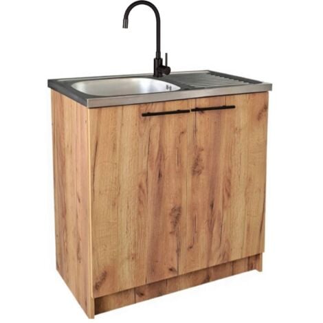 STAMAR Meuble de cuisine - 80x50 cm - Chêne doré - Ensemble avec évier et robinet flexible