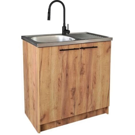 STAMAR Meuble de Cuisine - 80x50 cm - Chêne doré - Évier Inox + Robinet Élastique 2 en 1