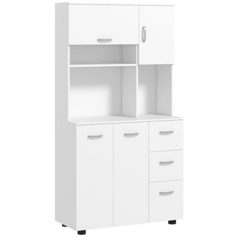 Meuble de cuisine 89x39,5x168 cm blanc 3 tiroirs 3 étagères, grand rangement buffet haut cuisine salon moderne