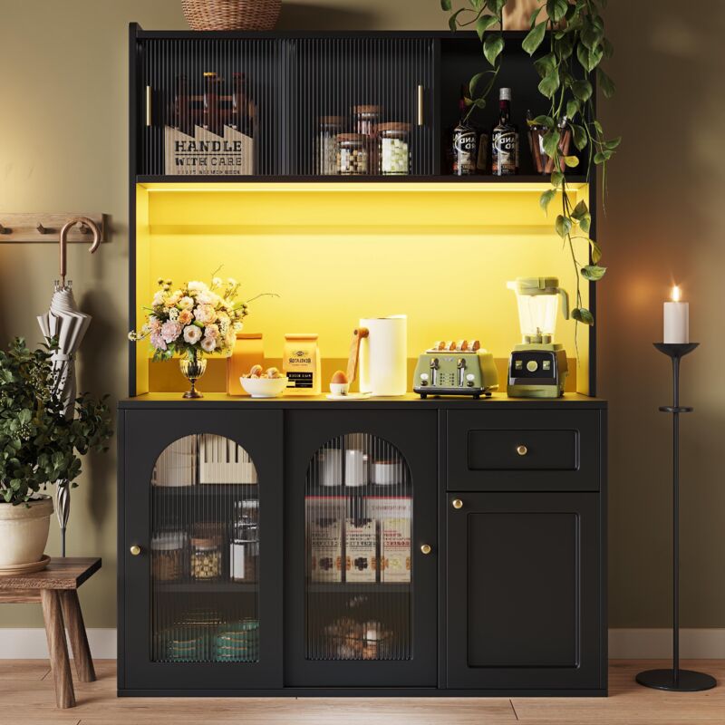 Meuble de cuisine, armoire haute, vitrine, buffet avec étagères réglables, meuble de salle à manger, vaisselier avec éclairage LED, noir