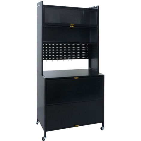 Meuble de cuisine avec plan de travail et rangements étagère cuisine sur roulettes avec crochets portes coulissantes 175 cm structure métal noir 040009371