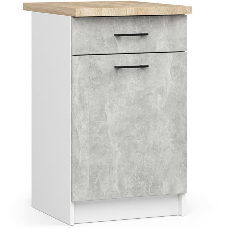 Meuble de cuisine bas armoire de cuisine Akord S50 oliwia modulable Blanc 50 cm 1 porte 1 tiroir façade Béton 2 étagères 50x46x85 cm