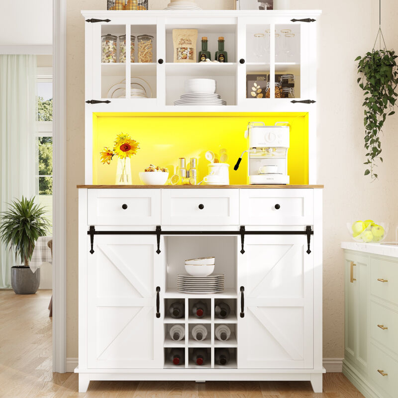 Meuble de cuisine, buffet haut avec éclairage led, plusieurs compartiments de rangement, 3 tiroirs et 2 portes, étagères réglables, 105×38,4×180 cm,
