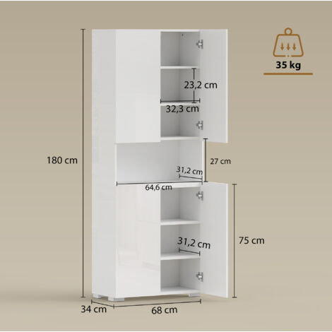 Meuble de cuisine de 180 cm de haut, armoire garde-manger avec portes à fermeture amortie et étagères réglables, blanc brillant