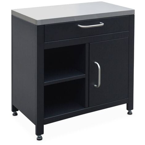 Meuble de cuisine extérieure en acier L80cm avec 1 tiroir. 1 porte et 2 étagères de rangement