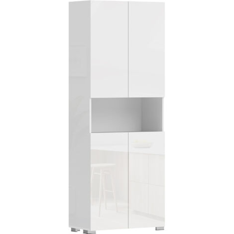 Meuble de cuisine haut 180 cm, armoire de rangement avec portes à fermeture amortie et étagères réglables, blanc laqué brillant