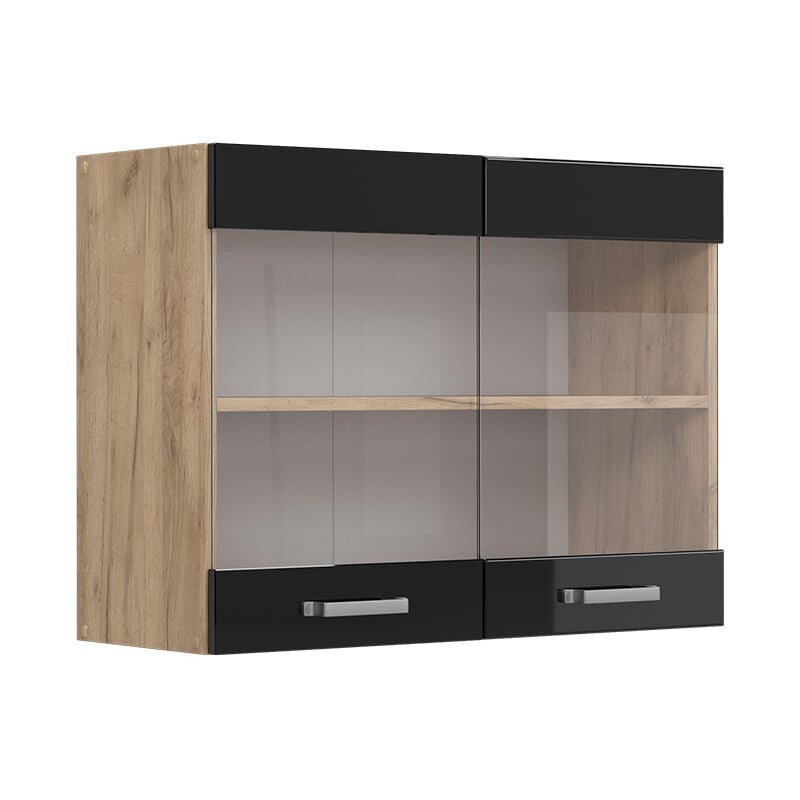 Meuble de cuisine haut vitré R-Line, Noir Haute brillance, 80 cm Vicco
