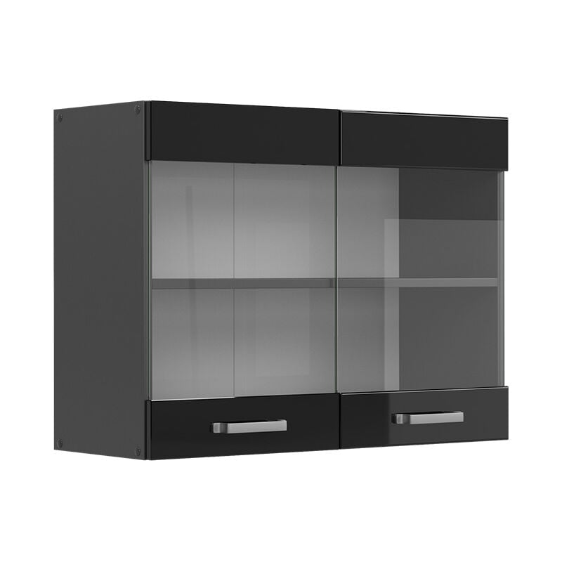 Meuble de cuisine haut vitré R-Line, Noir Haute brillance, 80 cm Vicco