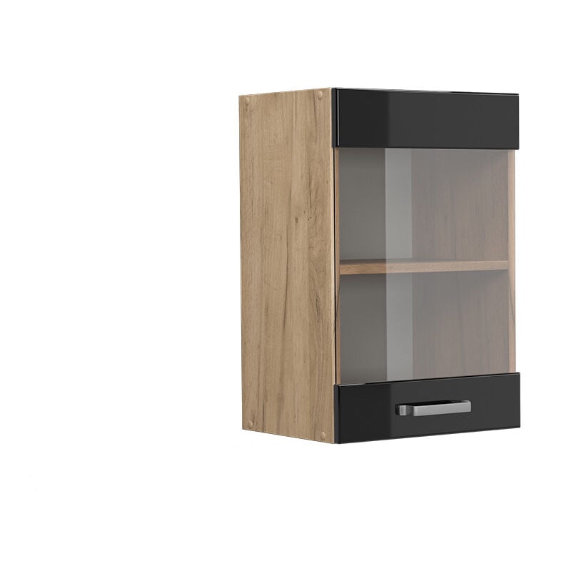 Meuble de cuisine haut vitré R-Line, Noir Haute brillance, 40 cm Vicco