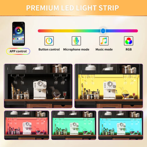 Meuble de cuisine moderne, équipé d’un éclairage LED et de commandes via appareil mobile. Il s’agit d’un meuble de cuisine ou de séjour, doté de deux tiroirs, d’une console avec porte battante et de t